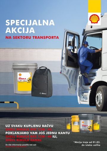 Driveline specijalna akcija na sektoru transporta, čovek koji ulazi u kamion, bačva Shell Rimula ulja R4X 15W – 40m Shell Ranac